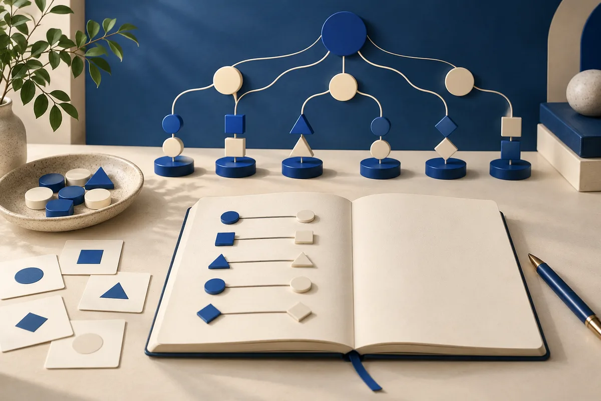A branching arrangement of blue and cream geometric shapes stands behind an open notebook with matching shape pairs connected by lines.