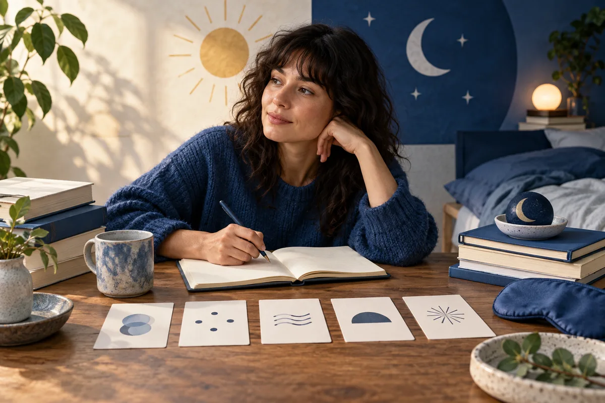 A woman writes in an open notebook at a desk with books, patterned cards, a sun on one side, and a moon and stars on the other.