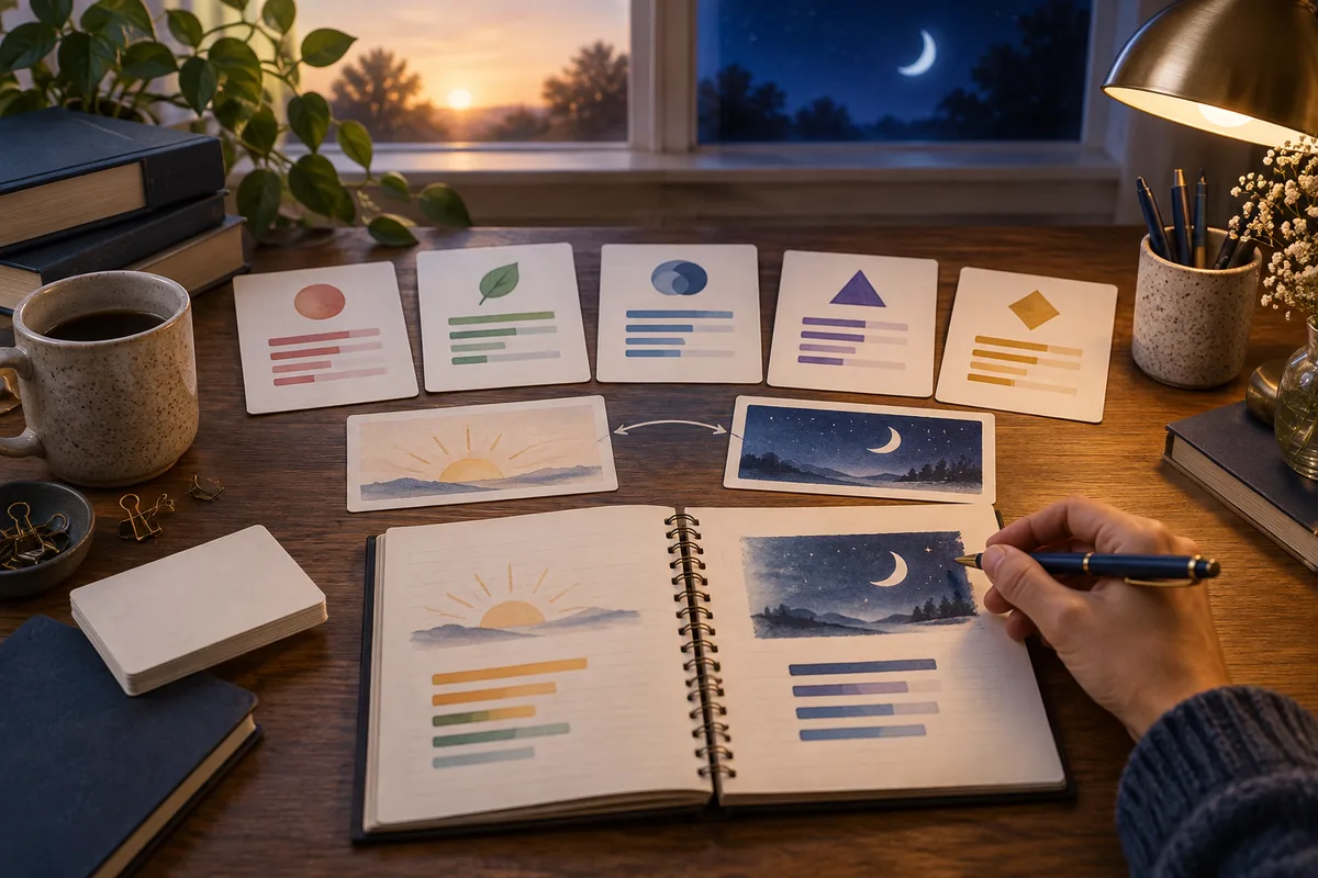 Cards with colored shapes and bars sit beside an open notebook showing sunrise and moonlit scenes, as a hand writes with a pen.