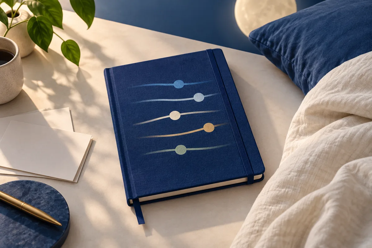 A navy notebook with colored lines and dots sits beside a plant, papers, and a pen, with blue and cream bedding nearby.