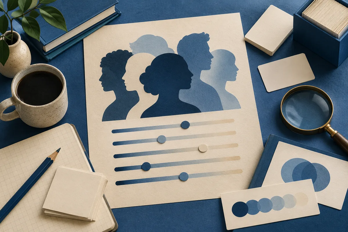 A paper silhouette chart shows five overlapping profile shapes above horizontal sliders, surrounded by notebooks, blank cards, a coffee cup, and a magnifying glass.