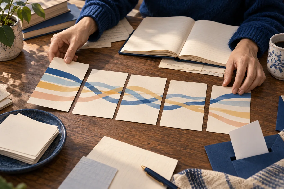 Hands arrange five blank cards printed with intersecting blue, cream, and gold wavy bands on a wooden table beside an open notebook.