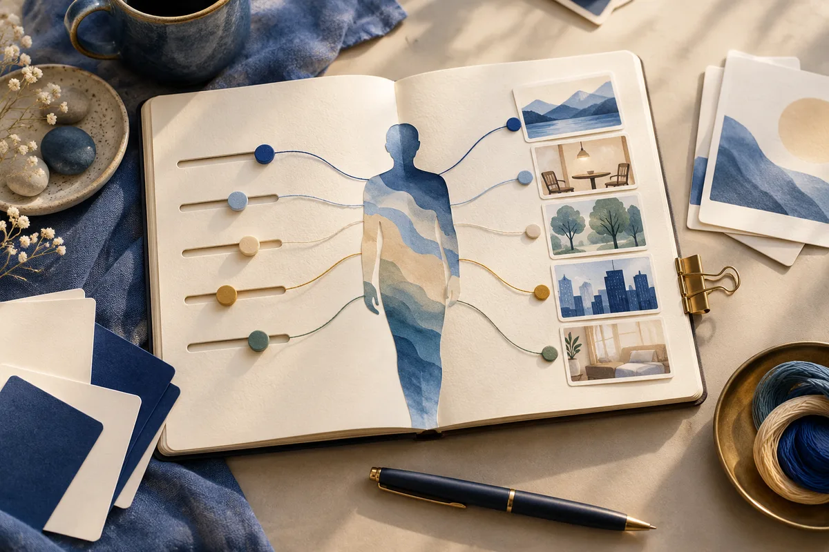 An open notebook shows a watercolor human silhouette connected by colored lines to slider markers and small landscape, room, tree, city, and home scenes. A pen and cup sit nearby.