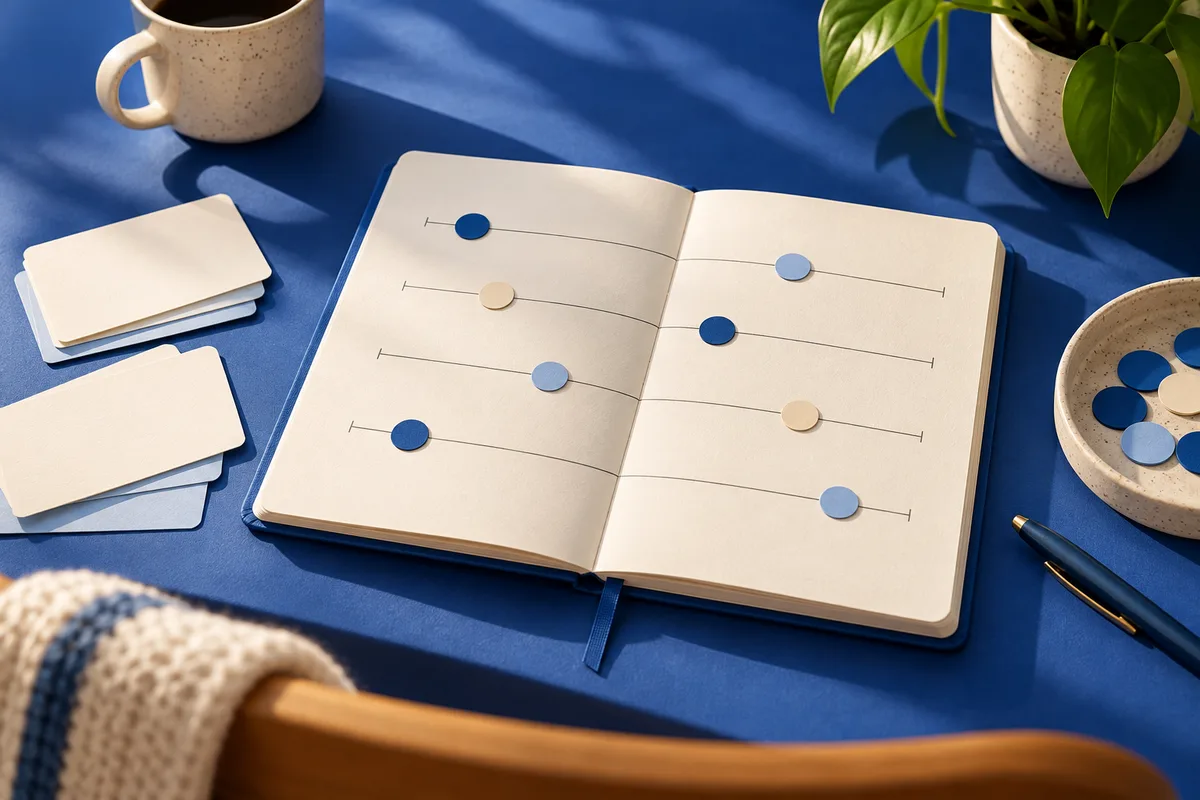 An open notebook on a blue desk has thin horizontal lines with blue, pale blue, and cream markers. Blank cards, cups, a plant, a small bowl of colored pieces, and a pen surround it.