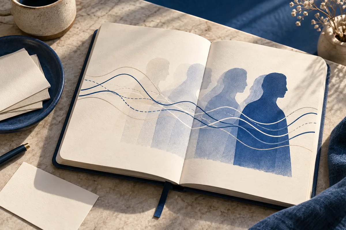 An open notebook shows overlapping blue and cream profile silhouettes crossed by curved lines, with a pen, loose paper, and a cup nearby.