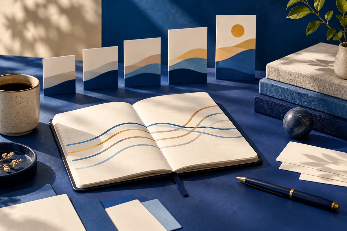 An open notebook with blue and ochre wavy lines sits before five cards with layered abstract shapes; a coffee cup, books, plant, small sphere, pen, and loose cards surround it.