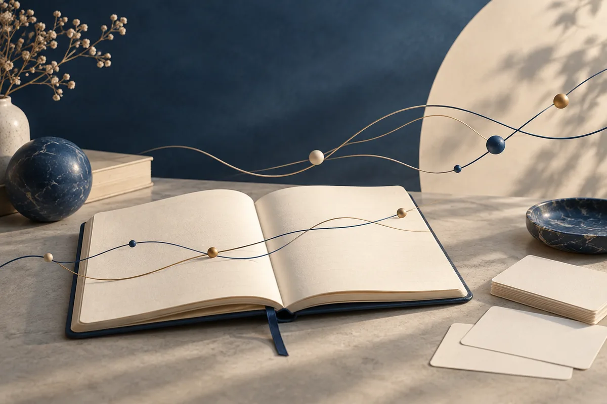 An open blank notebook on a desk, with curved blue and gold lines and small dots stretching across a dark blue and cream background.