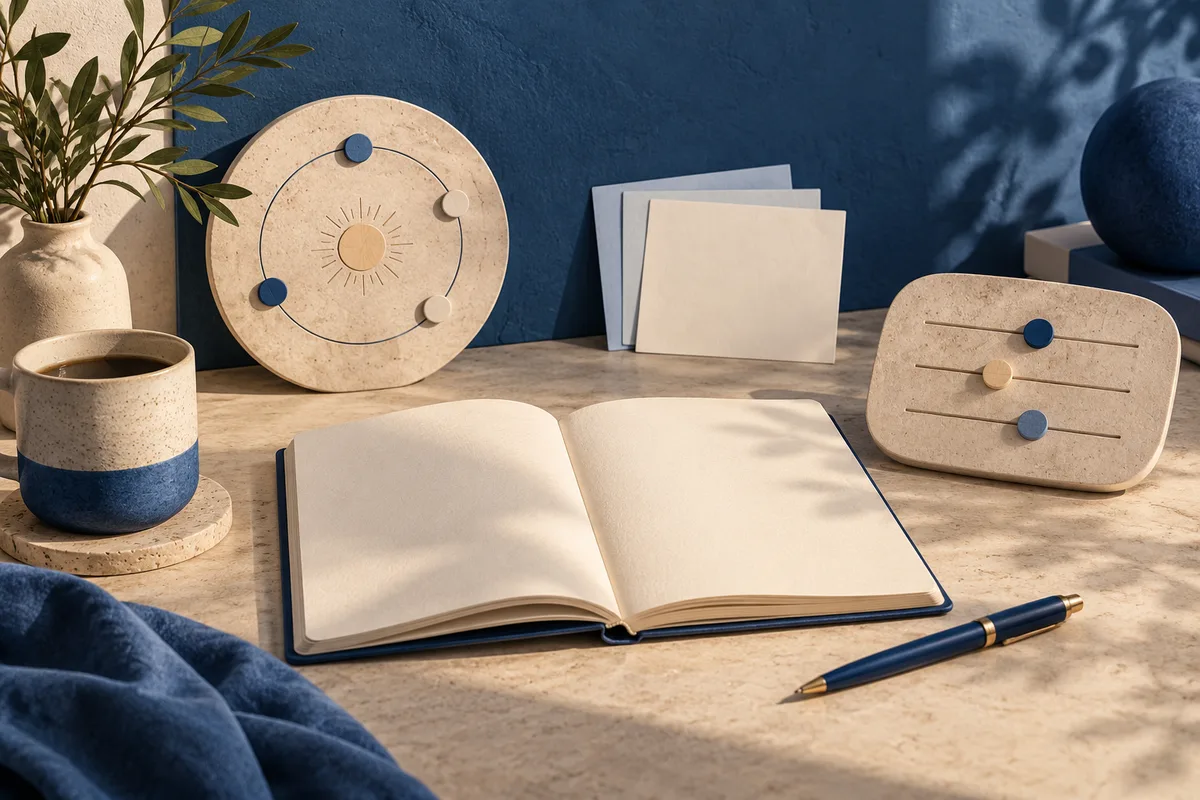 An open blank notebook and blue pen sit on a stone tabletop beside a cup, leafy plant, and two stone-colored boards with circular and horizontal marker designs.