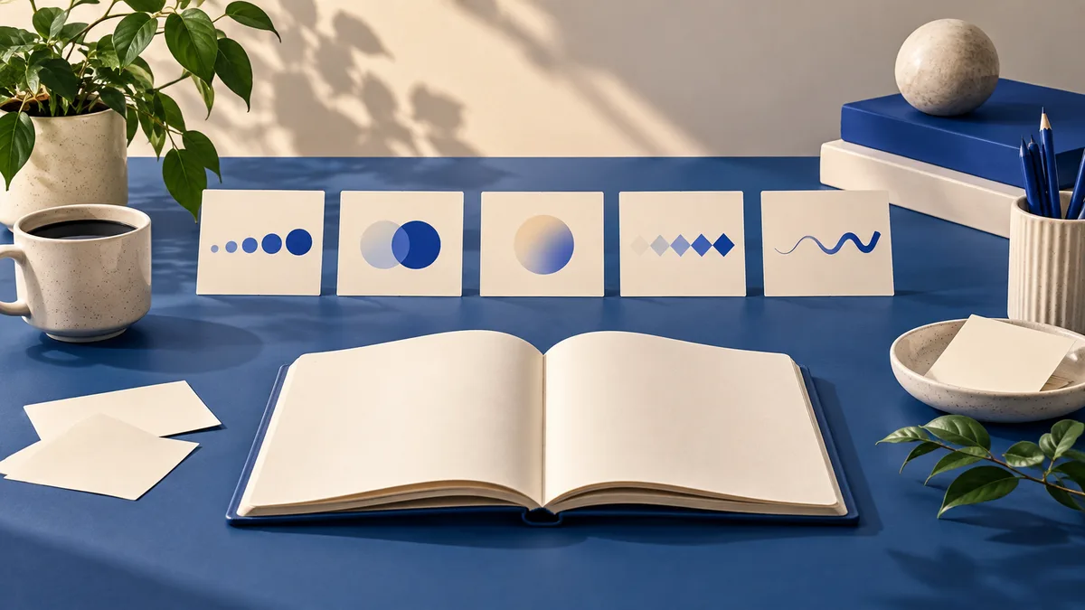An open blank book sits on a blue desk beside five cream cards with blue dots, circles, diamonds, and a wavy line. A mug and leafy plant are on the left; stacked books, pencils, and a bowl of paper are on the right.