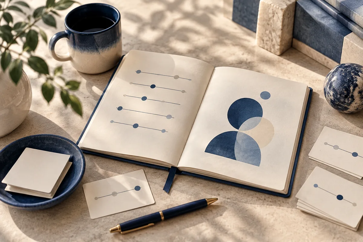 An open notebook displays abstract lines with dots and overlapping circles, beside a pen, cards, and a mug on a stone surface.
