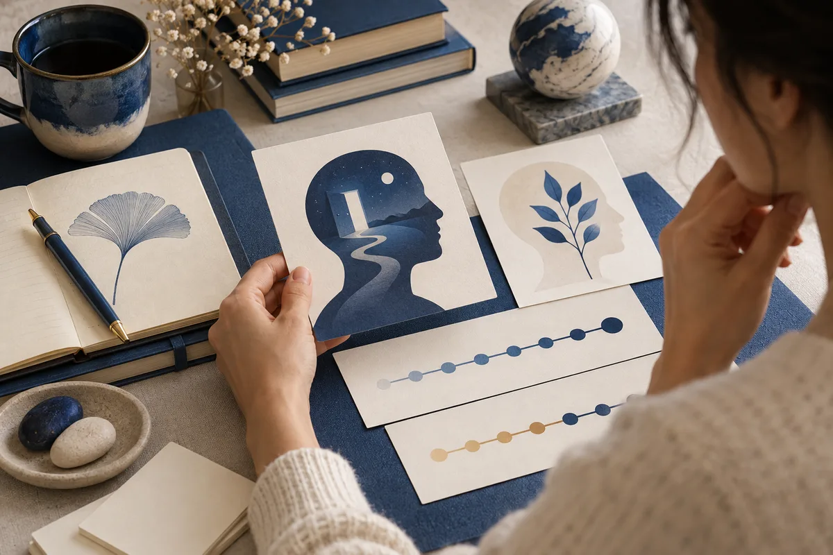 A person’s hands arrange illustrated cards beside an open sketchbook and abstract rising-dot illustrations on a blue desk; the charts are decorative, not study results.