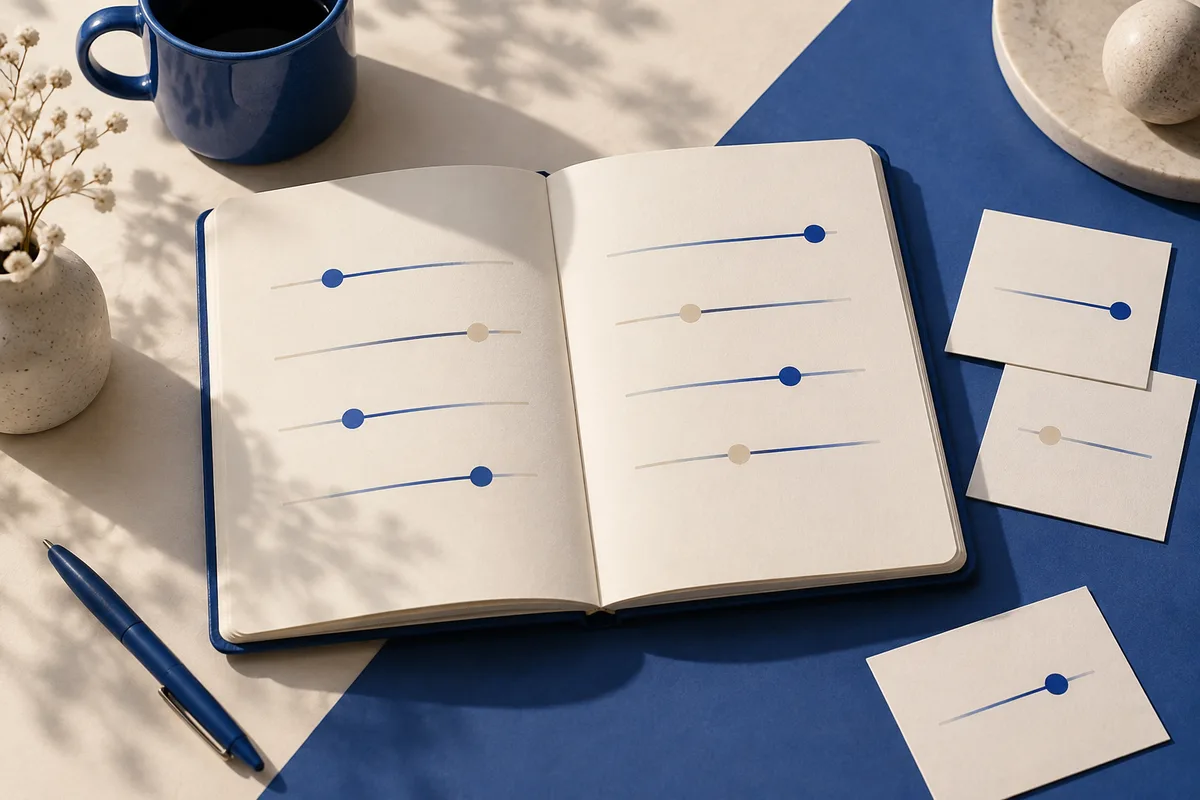 An open notebook with lines and colored dots sits among loose cards, a blue pen, a mug, and a vase of dried flowers.