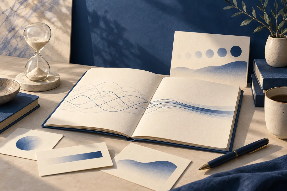 An open notebook with flowing blue lines sits among abstract blue shape cards, an hourglass, books, a plant, and a pen.