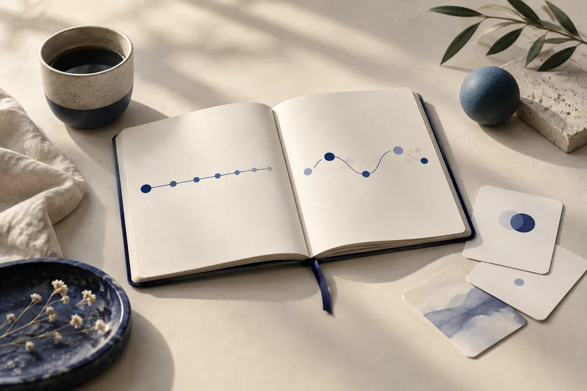 An open notebook shows a straight dotted line on one page and a wavy dotted line on the other, beside a cup, blue sphere, and cards.