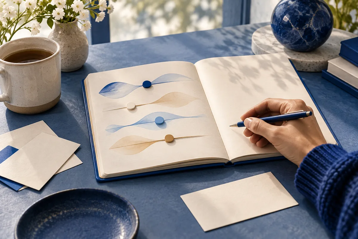 An open notebook with blue and cream abstract lines and dots sits on a blue desk; a hand writes on the blank page beside a mug, flowers, papers, and a dark blue globe.