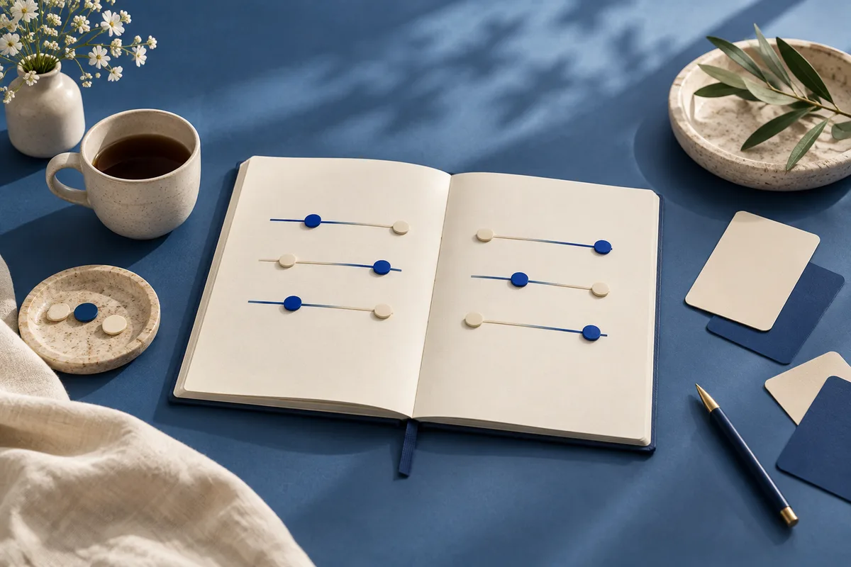 An open blank notebook with blue and cream sliders on its pages, beside a cup, cards, a dish, flowers, and a pen on a blue surface.