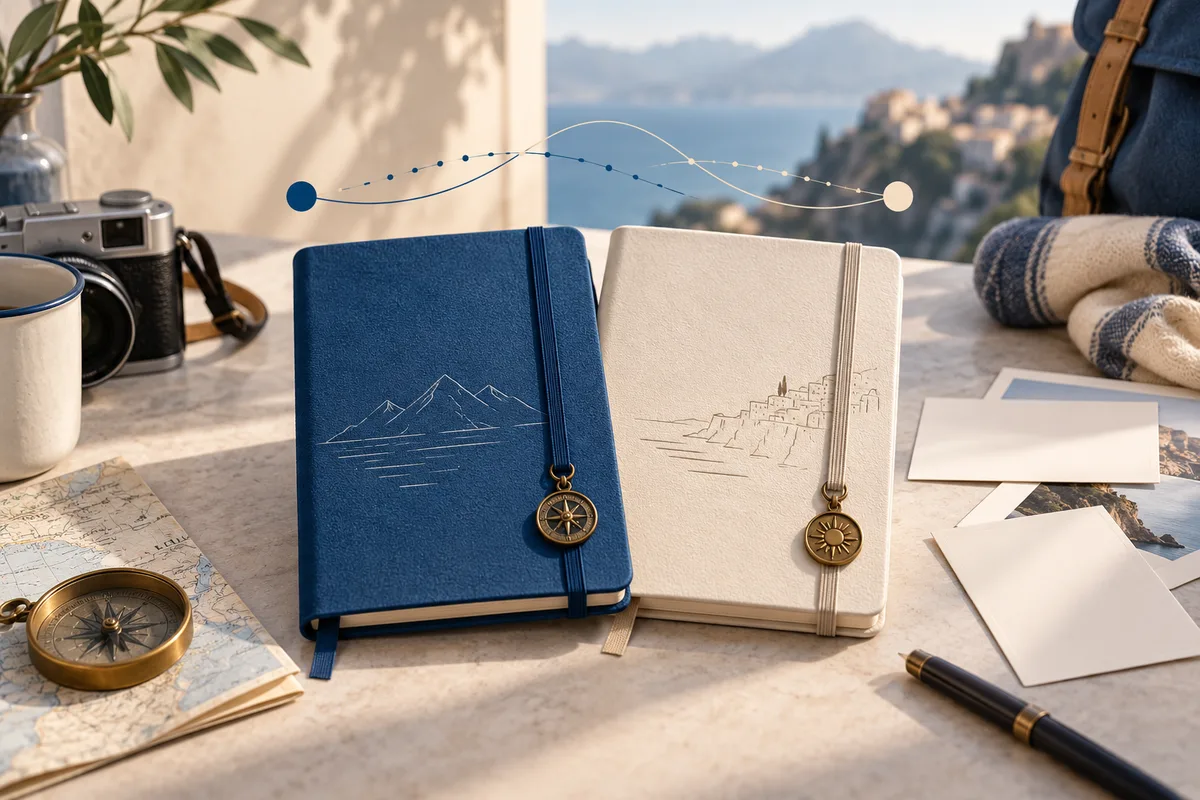 Blue and cream travel journals with compass pendants sit beside a camera, map, loose photographs and pen; two dotted curves connect points above them, with water and a hillside town in the background.