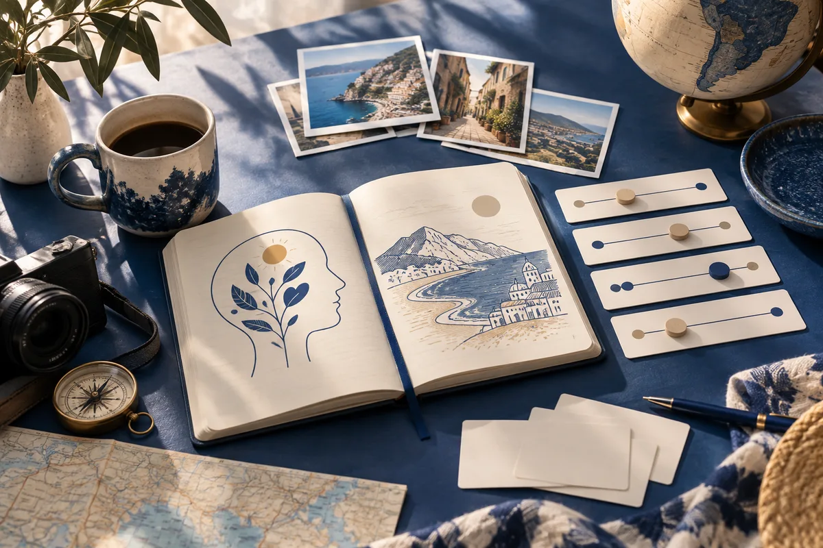 An open notebook shows a head outline with a leafy plant and a mountain village drawing, beside slider cards, travel photos, a globe, camera, compass, and map on a blue table.
