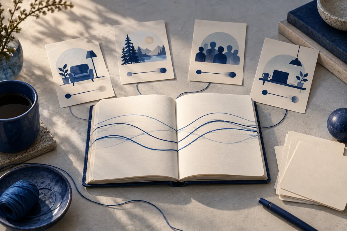 An open notebook with blue wavy lines sits on a desk, connected by lines to four illustrated cards showing a living room, a landscape, a group of people, and a desk; comparison sliders appear on the cards. A mug, yarn, pen, and papers surround it.