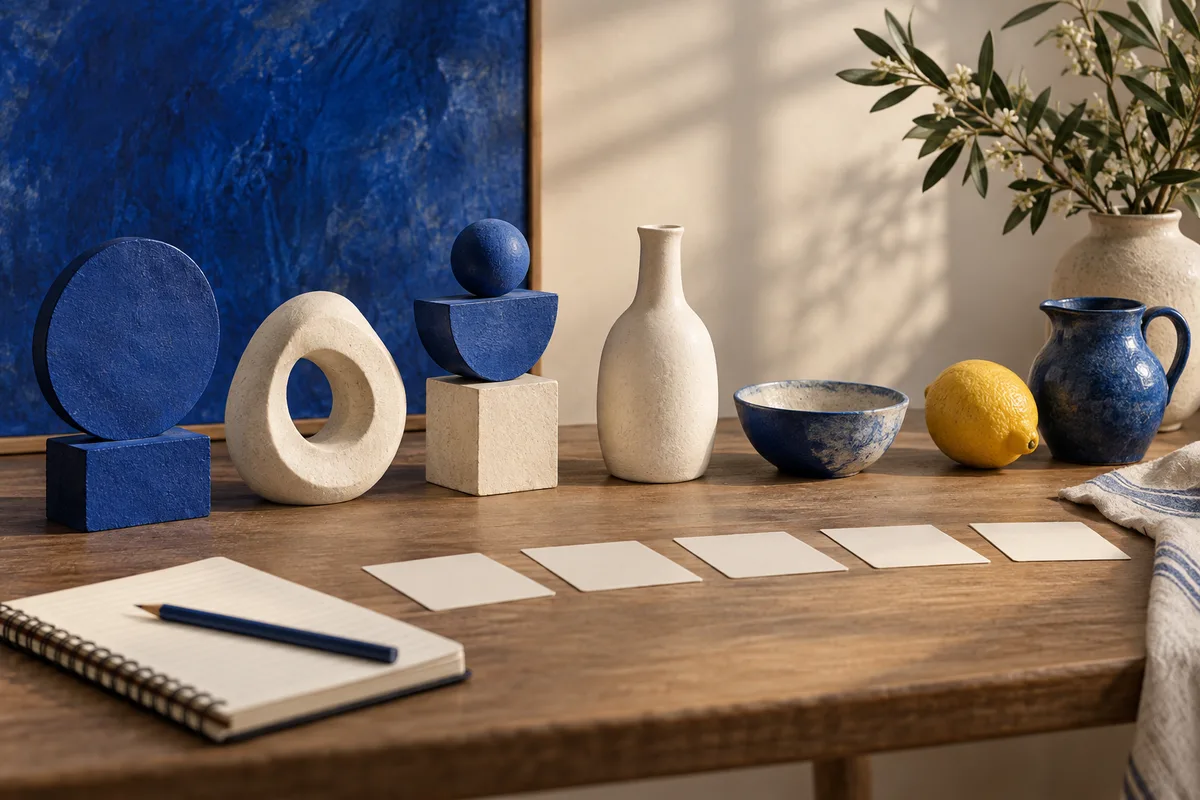 Blue and cream geometric sculptures, pottery, a lemon, and blank cards arranged on a wooden table beside a notebook and pencil.