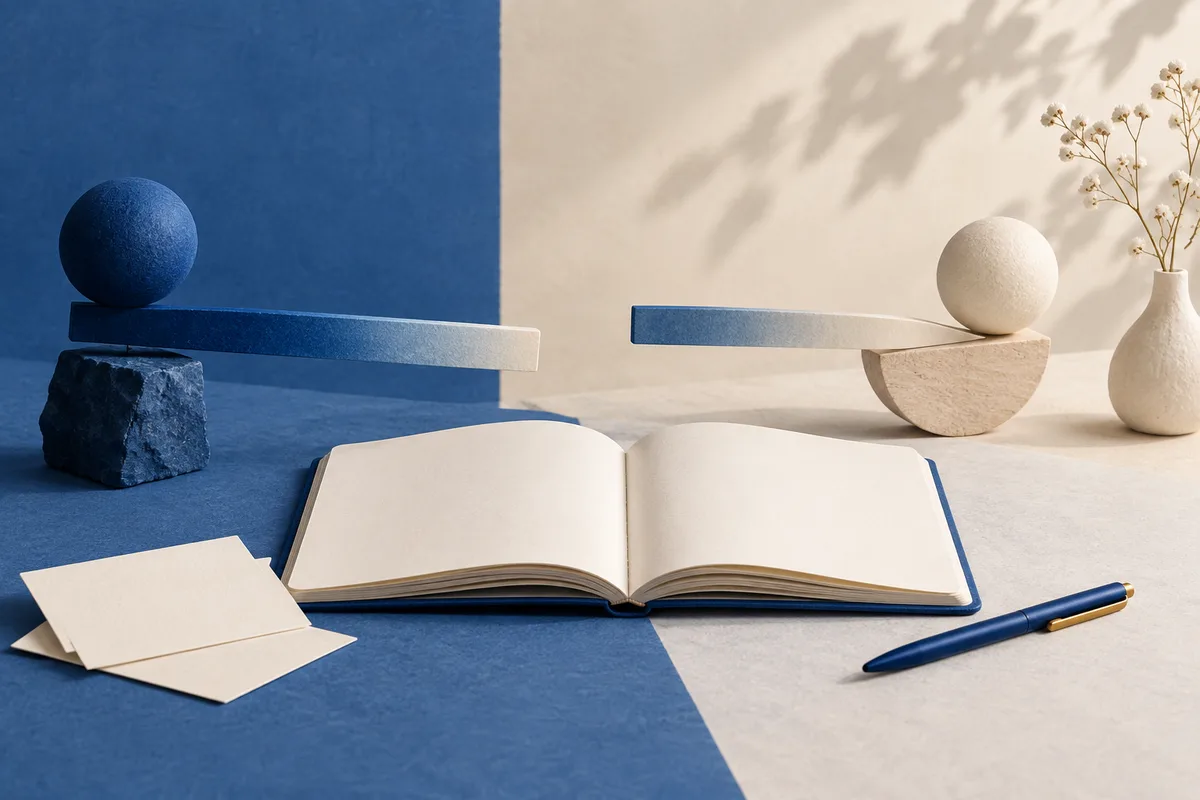 An open blank book, paper cards, and a blue pen on a blue-and-cream tabletop, with spheres, a stone, and a vase of small flowers behind them.
