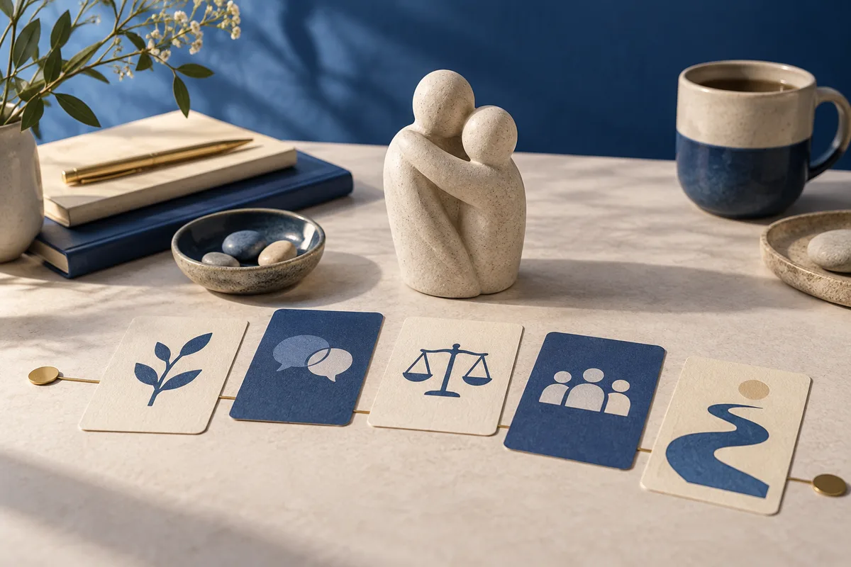 Tabletop still life with two abstract stone figures embracing, symbol cards, stacked notebooks, bowls of stones, and a blue-and-cream cup.