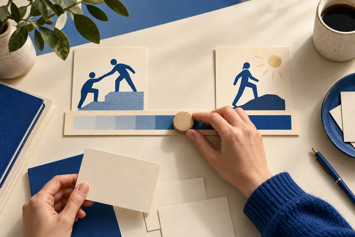 Hands arrange blank cards and a wooden marker on a blue gradient scale beside illustrated cards showing one figure helping another and a figure walking under the sun.