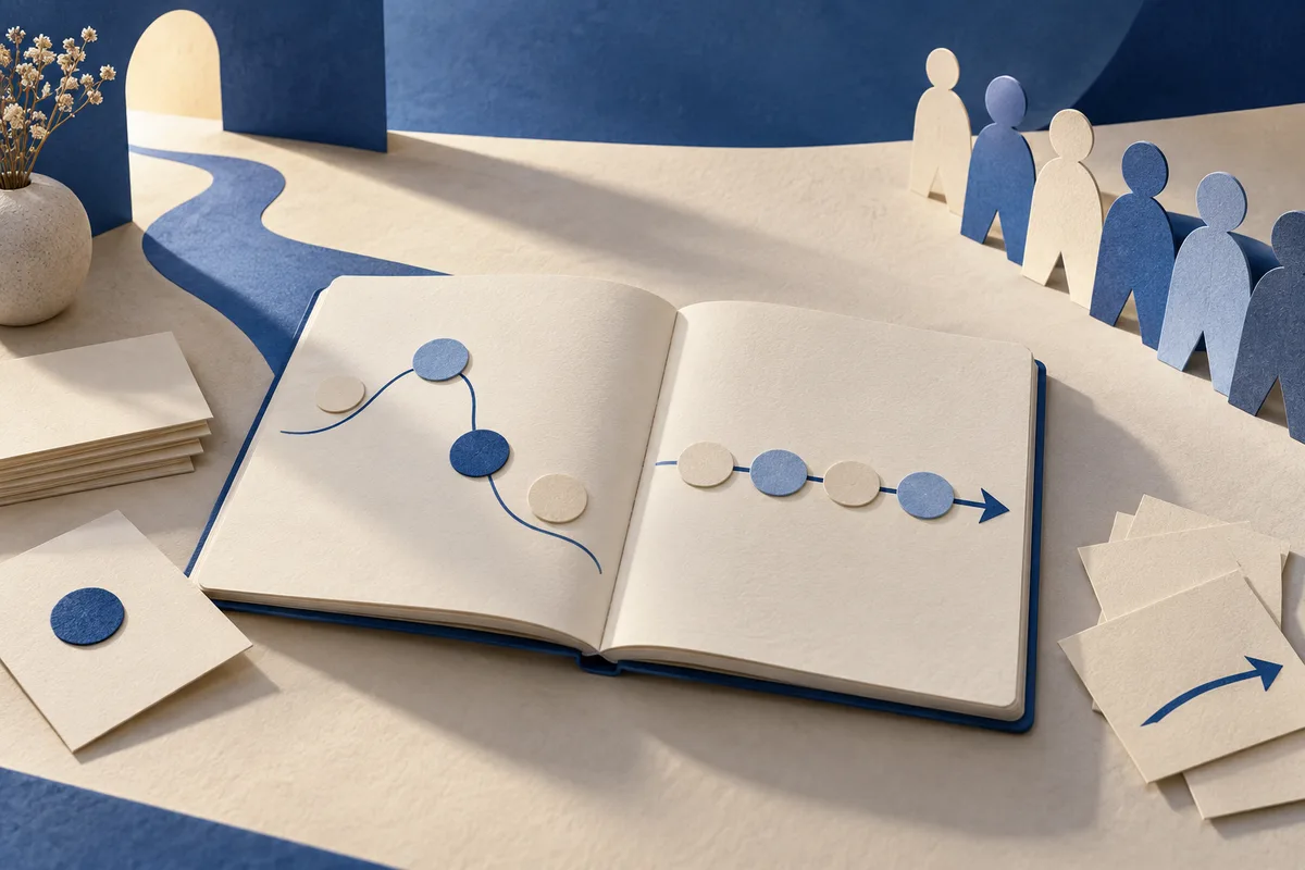 An open cream notebook shows blue and cream circular markers along two lines, beside paper person-shaped figures, a vase of dried flowers, and loose cards on a blue and cream surface.