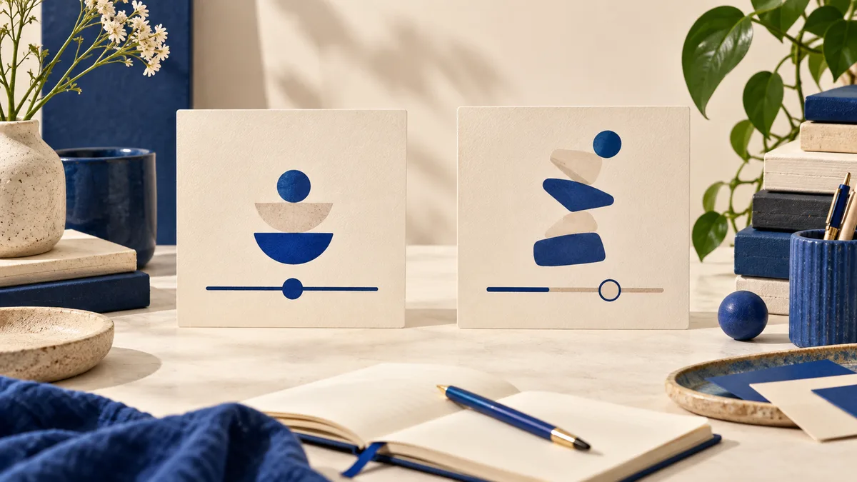 Two cream cards display abstract blue-and-beige figures above horizontal markers on a desk with an open notebook, books, plants, and blue accents.