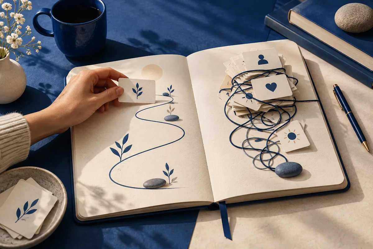 An open notebook shows a winding blue path with leaves and stones on one page and tangled blue string over symbol cards on the other.