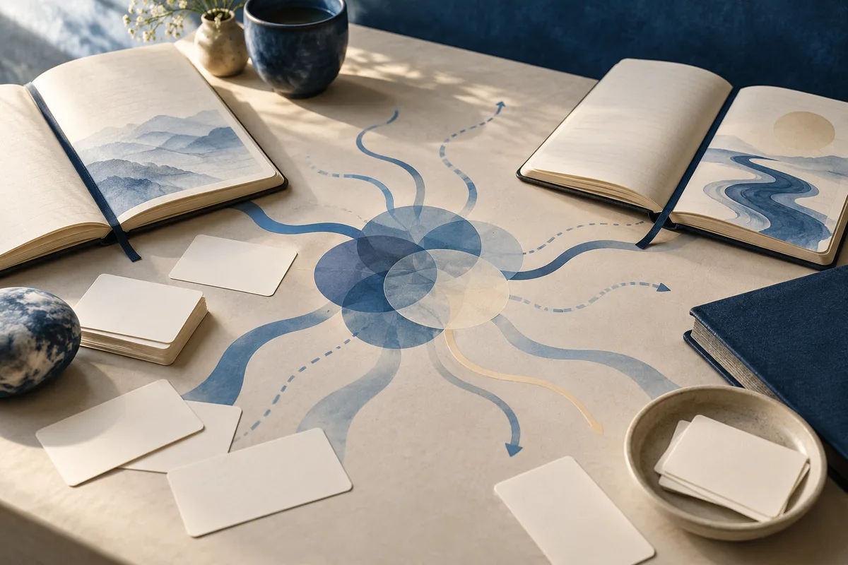 Open notebooks, blank cards, and a blue diagram of overlapping circles and branching arrows on a desk.