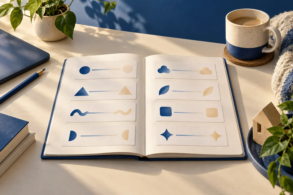An open notebook displays rows of blue and cream shapes connected by lines, with a plant, pencils, books, and a mug on the desk.