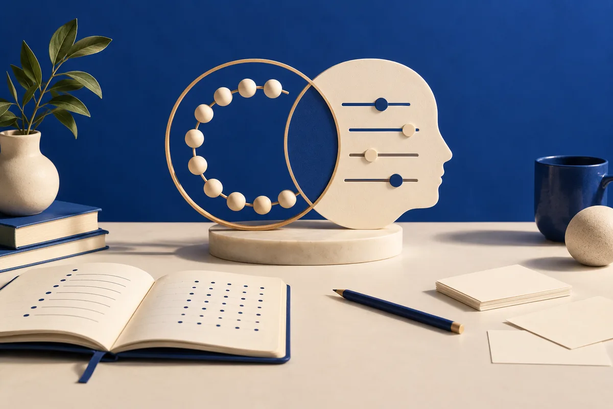 A cream head-shaped sculpture with four slider lines stands beside a ring of beads, with an open notebook, books, a pencil, plant, and cup on a table.
