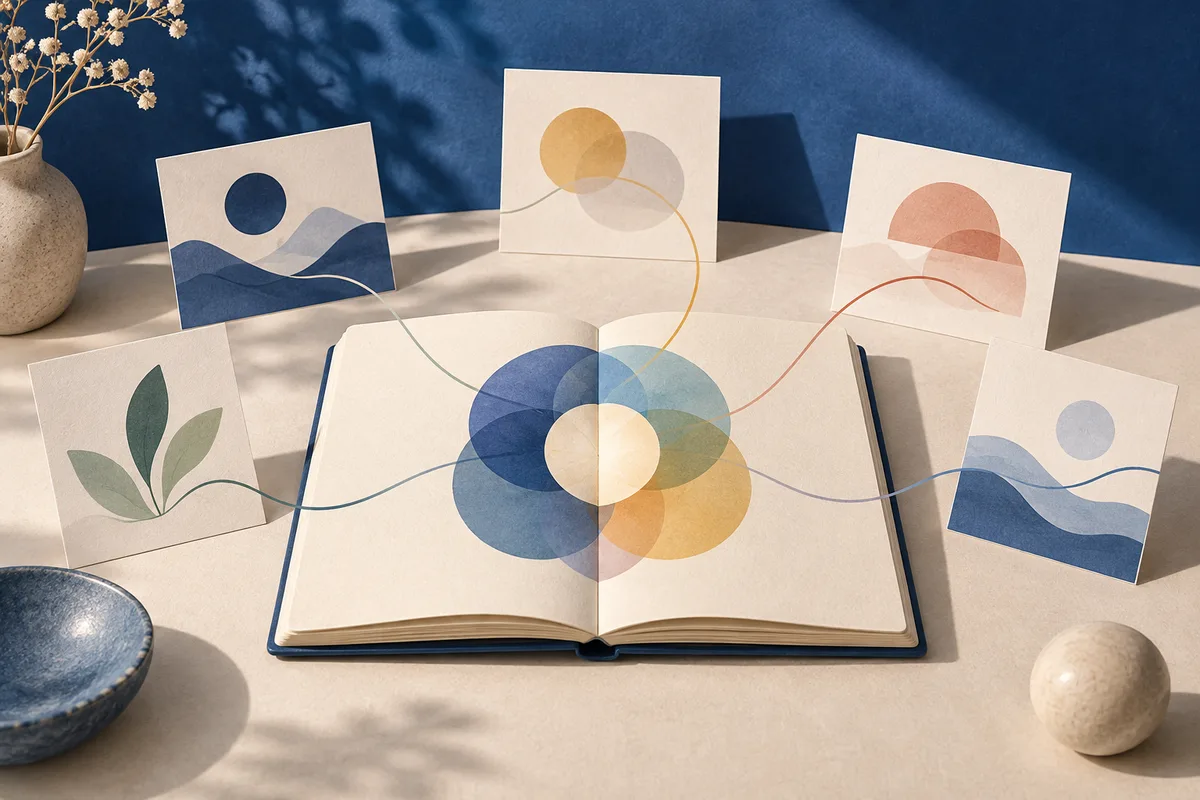 An open book with overlapping colored circles, linked by curved lines to cards with abstract shapes, sits on a cream table against a dark blue wall.