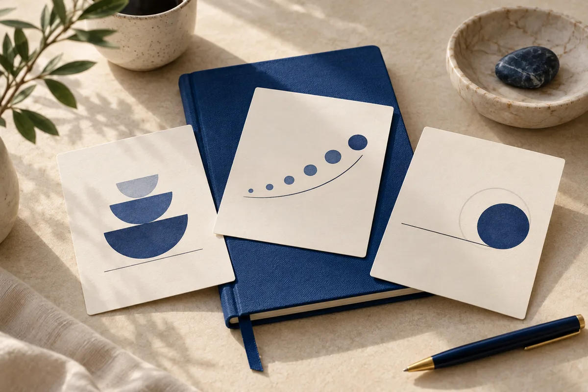 Three cream cards with blue geometric shapes and a rising dotted curve rest on a dark blue notebook beside a pen, a leafy branch, and a stone dish.