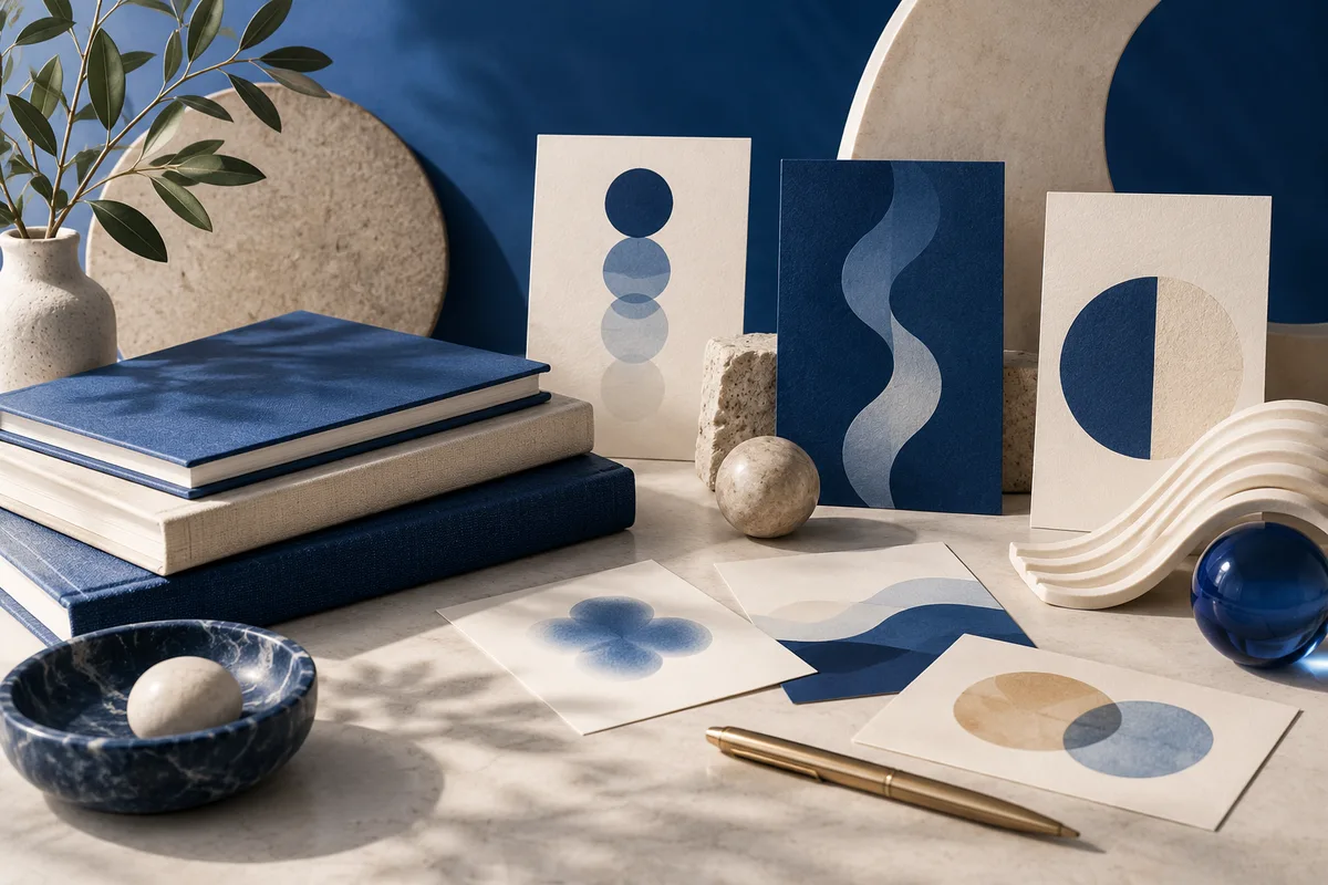 A stack of navy and cream notebooks beside abstract cards with circles and wavy shapes, a small bowl, stone spheres, and a leafy plant.