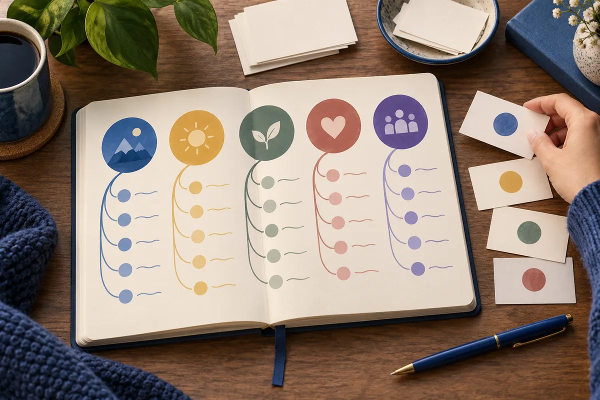 An open notebook shows five colored columns of icons and rows of circles and lines; a hand holds a matching card beside it.