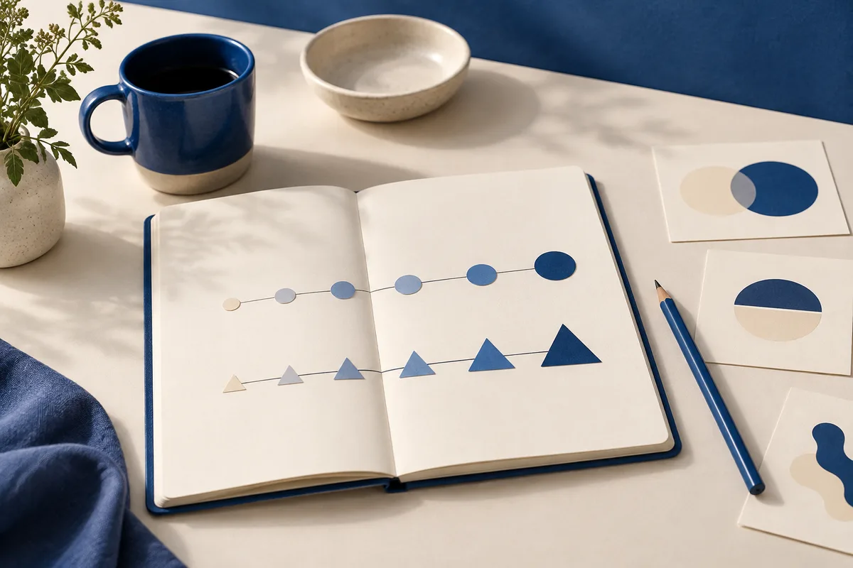 An open notebook shows two rising lines of blue circles and triangles, beside a blue mug, pencil, and abstract shape cards.