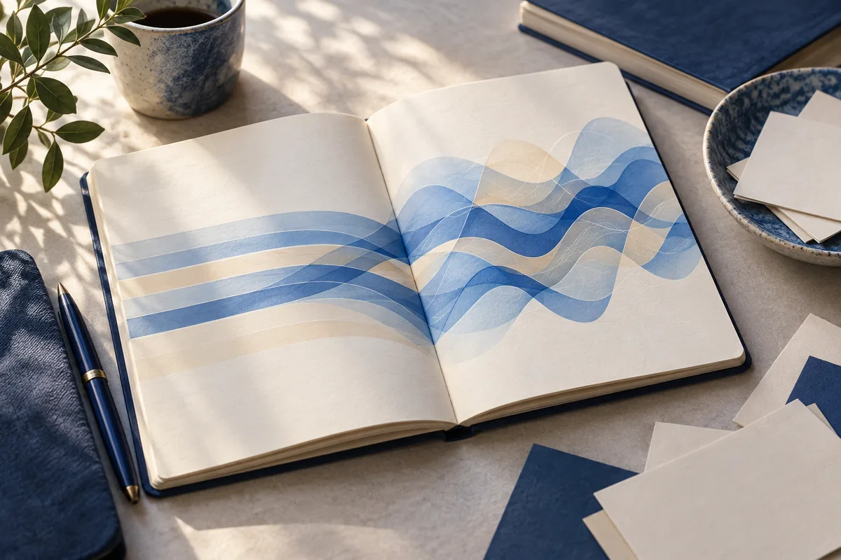 An open notebook with layered blue and cream wavy bands, beside a pen, coffee cup, leafy sprig, and loose cards.