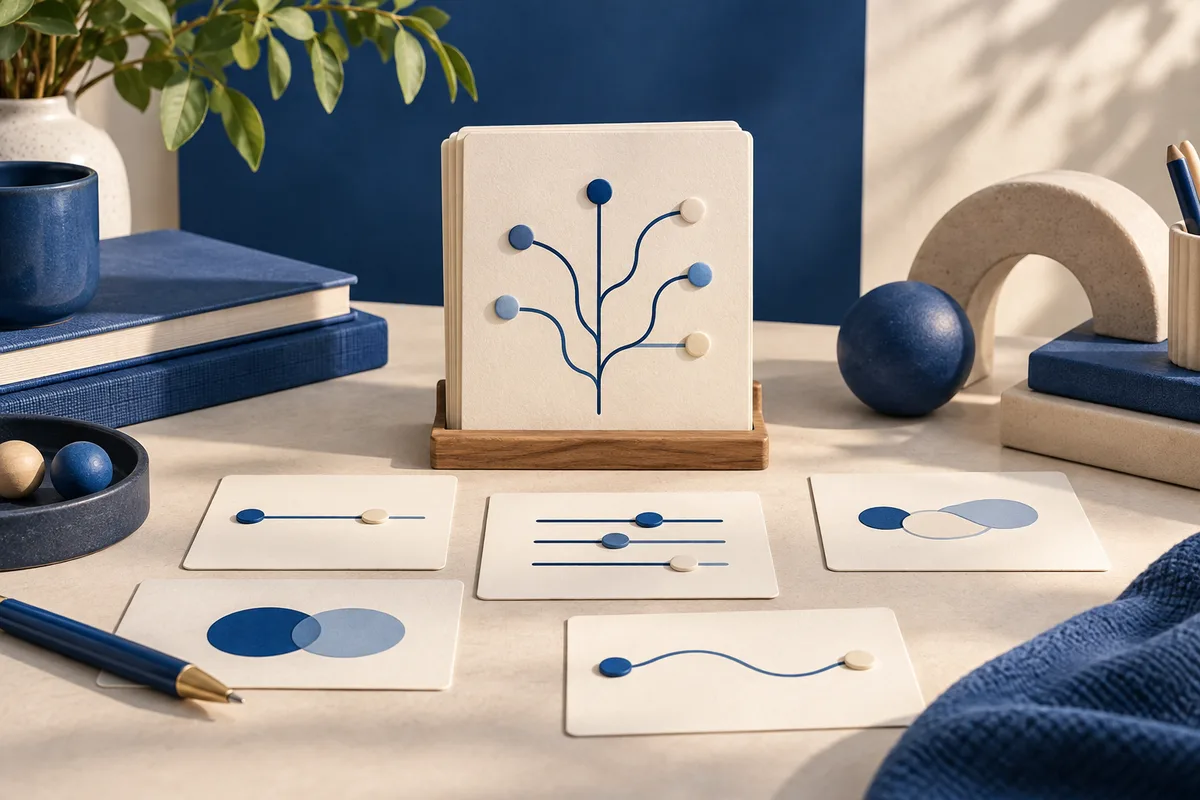 A cream card with branching blue lines and colored dots stands on a desk among smaller cards with line and oval diagrams, books, pens, and a blue mug.