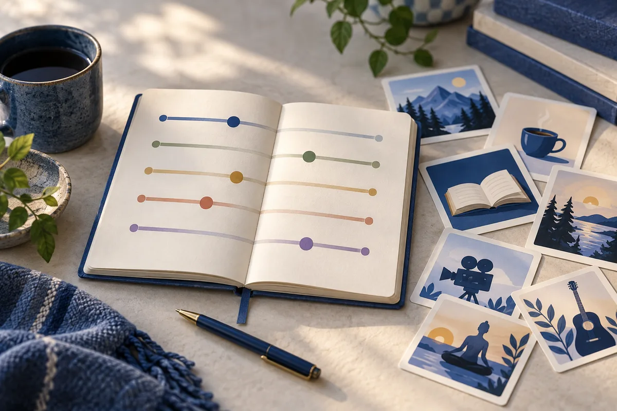 An open notebook shows five colored horizontal lines with dots at different positions, surrounded by a pen, a mug, and illustrated cards.