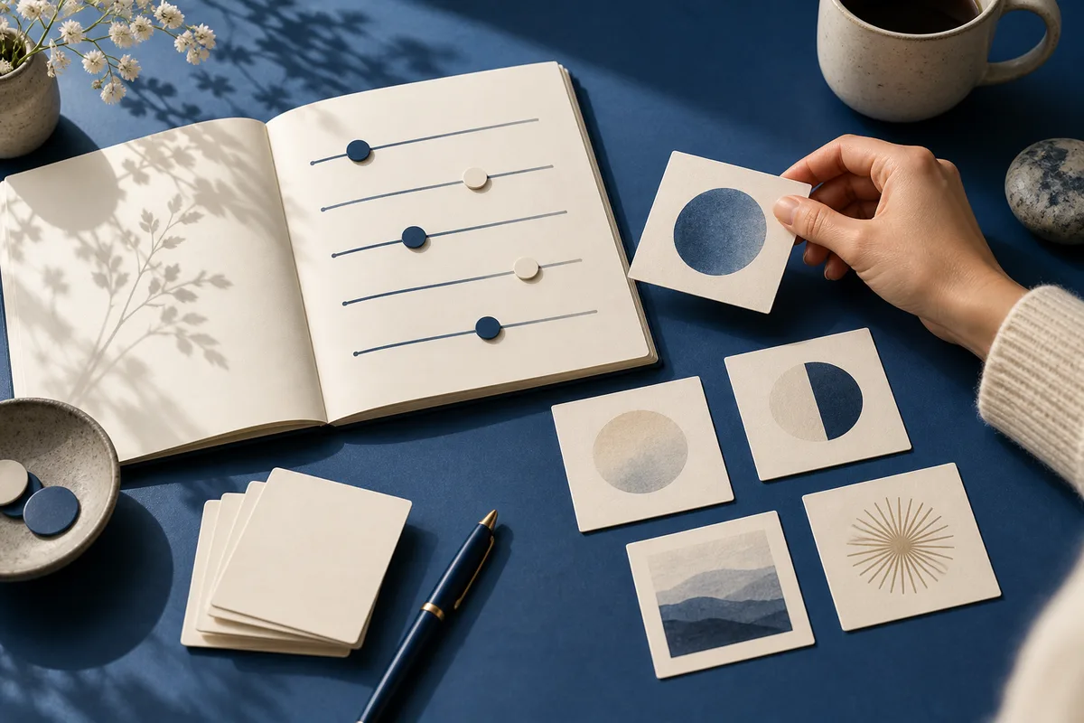 Open notebook with five horizontal lines and colored round markers, surrounded by abstract cards, a pen, a cup, and a small plant on a dark blue surface.