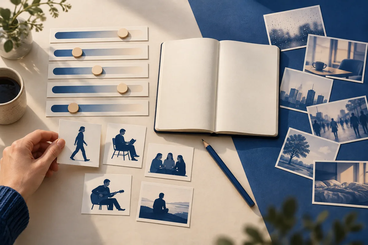 Open blank notebook beside five horizontal sliders, illustrated cards showing people in different activities, photographs, a pencil, and a cup.