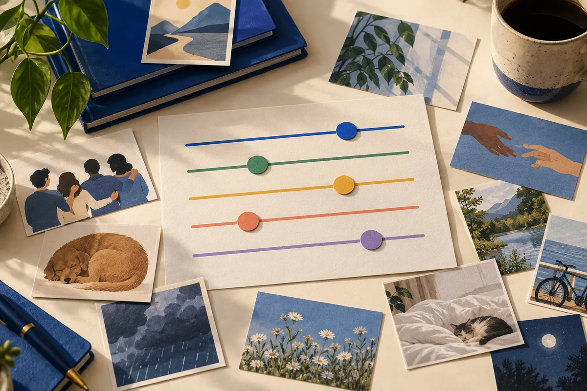 Five colored horizontal lines with round markers on a sheet of paper, surrounded by illustrated cards of people, animals, landscapes, weather, and objects.