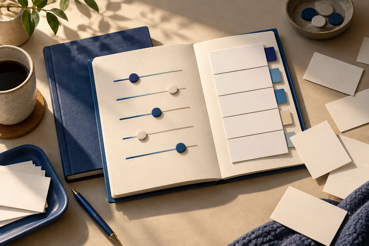 Open blue notebook with five horizontal lines and round markers on one page, blank tabbed cards on the other, and loose cards, a pen, and a cup nearby.