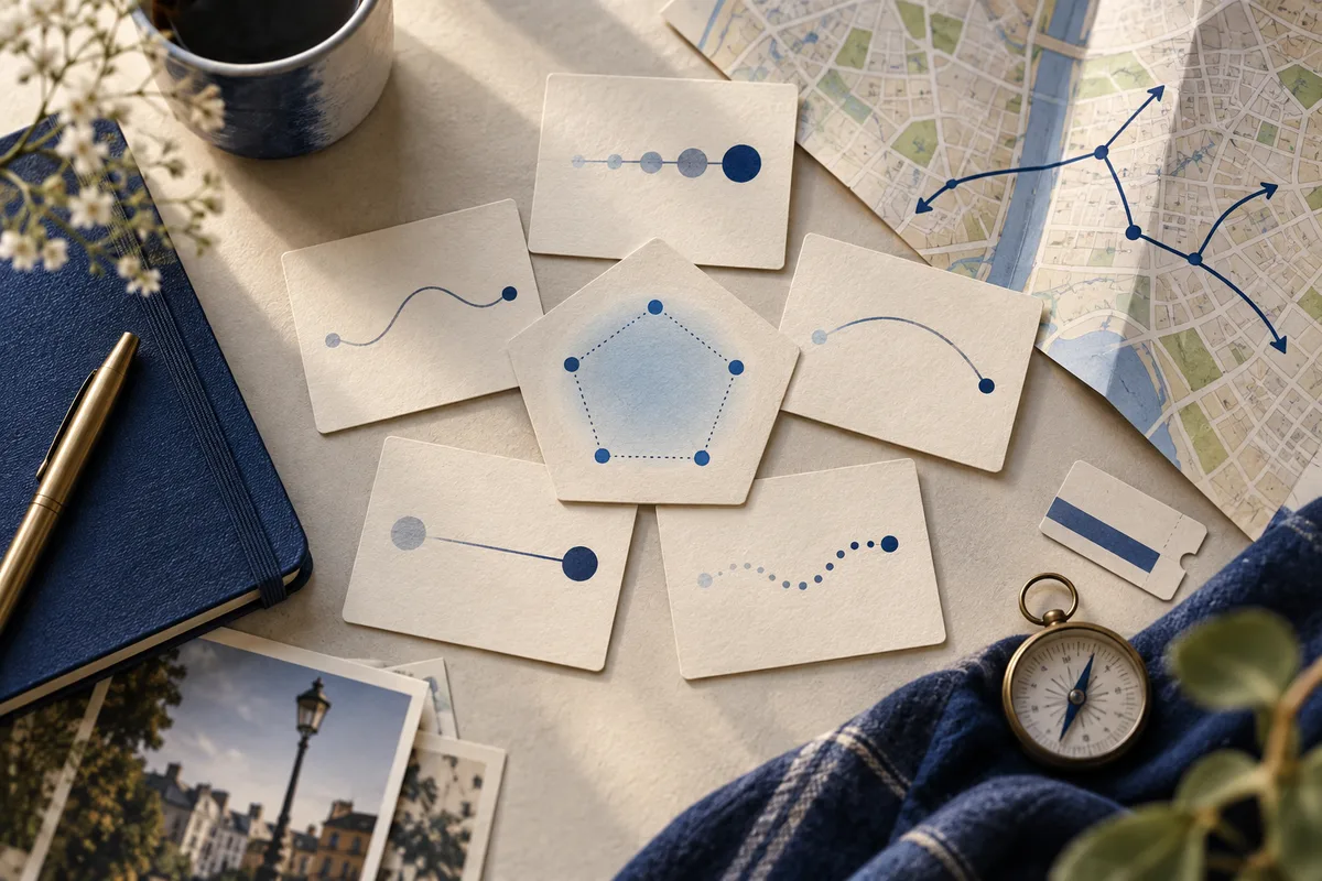 An overhead still life of cream cards with blue line and dot diagrams, a folded city map, a notebook and pen, photographs, a cup, and a pocket compass.