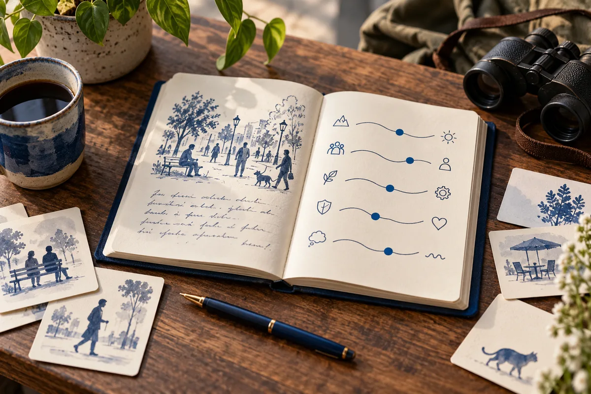 An open notebook shows blue sketches of people outdoors on one page and simple icons linked by wavy lines on the other, surrounded by illustrated cards, a pen, a coffee cup, and binoculars.
