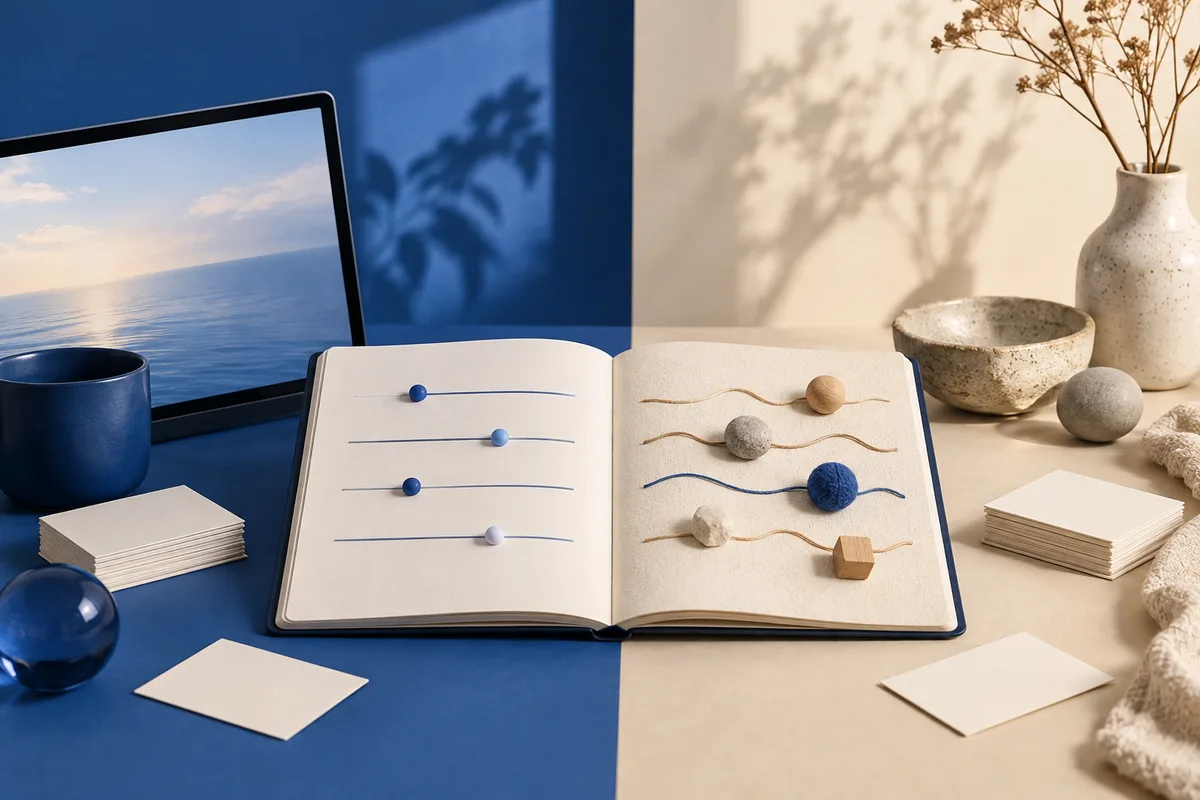 An open notebook displays slider lines and colored stones on a desk split between deep blue and cream. A laptop shows a calm seascape, with a blue cup, papers, a bowl, and a vase nearby.