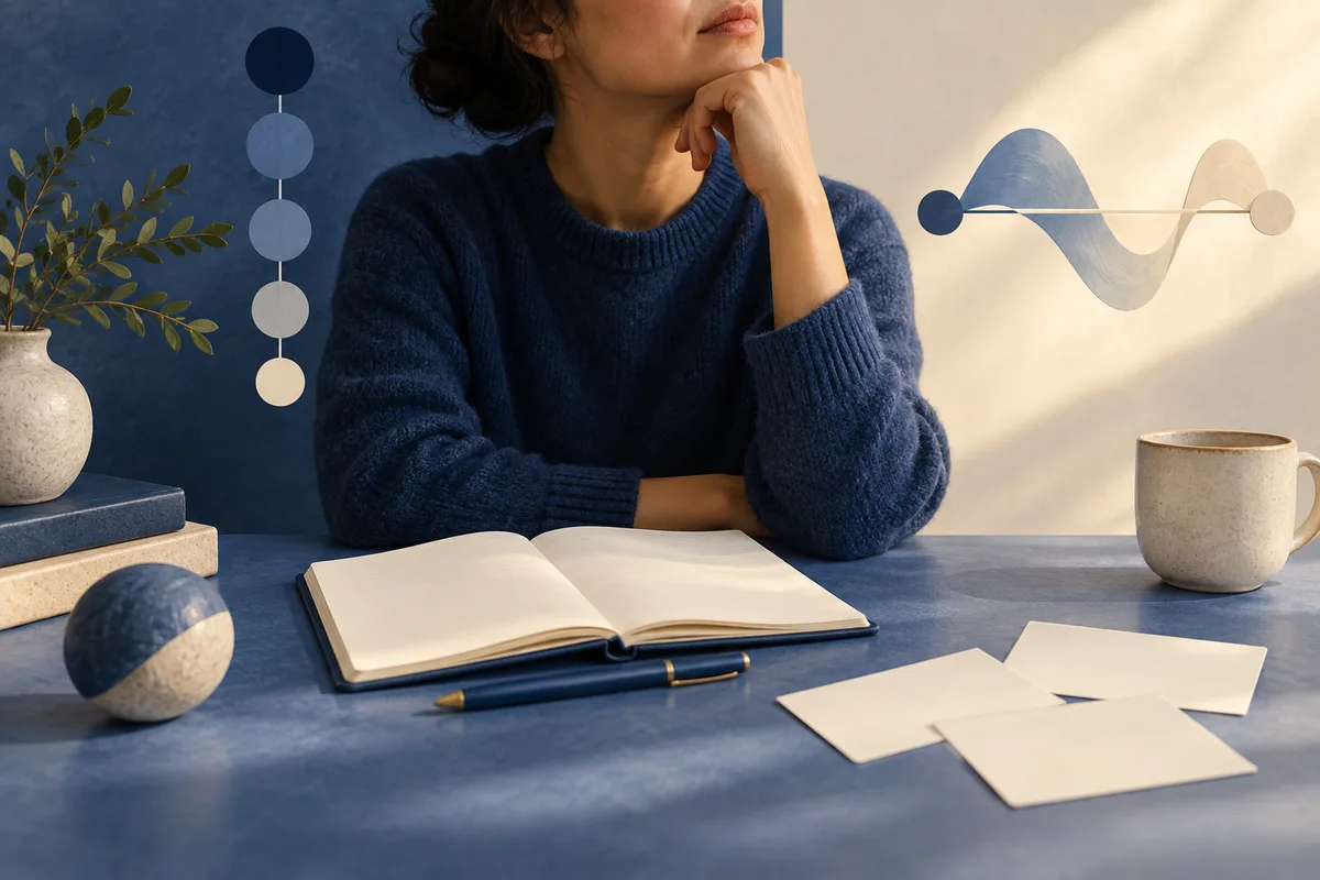 A person in a blue sweater sits behind an open notebook, with blank cards, a pen, a potted plant, and abstract dot and wave shapes on the wall.