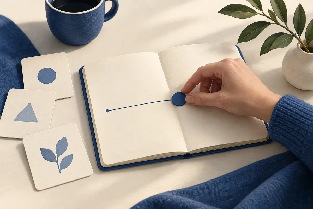 A hand moves a blue disk along a line drawn across an open notebook, beside cards with simple geometric and leaf shapes.